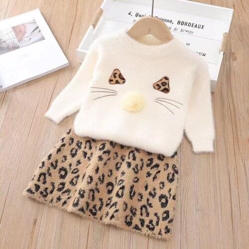 2-7 years cute cat leopard skirt mink velvet skirt suit Sweater Shirt Skirt Clothing Bow Baby Outfits for Kids Girls Clothes