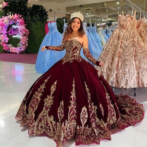Burgendy 2021 Ball Gown Quinceanera Dresses Bridal Gowns Sweetheart Long Sleeve Sweet 15 16 Dress vestidos de xv años anos