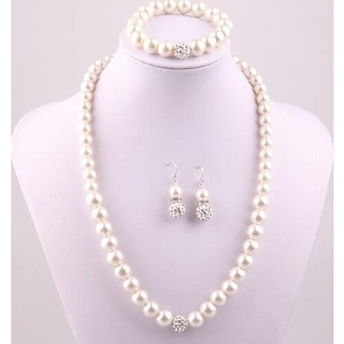 Free shipping 10mm white Pave crystal ball and 10mm Cream Glass Pearl necklace bracelet earring set