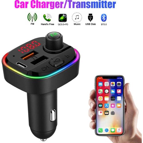 Bluetooth-compatible 5.0 FM Transmitter QC3.0+PD Fast USB Charger Adapter Wireless Car MP3 Player Bass Audio Handsfree Car Kit