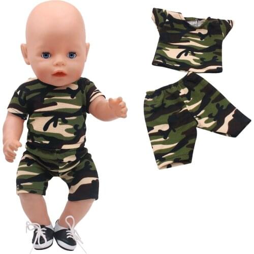 43 Cm Baby Boy American Dolls Clothes Army Outdoor Camouflage T-shirt Newborn Dress Toys Accessories Fit 18 Inch Girls Gift a17
