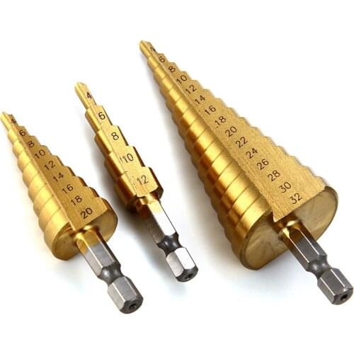 Large HSS Steel Step Cone Drill 4-12mm 4-20mm 4-32mm Titanium Bit Hole Cutter Bit Drilling High Speed Power Tool for Metal 3pcs