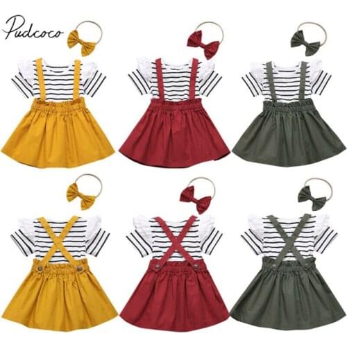 2020 Baby Summer Clothing 3Pcs Toddler Kid Baby Girl Clothes Striped Short Sleeve Top T-shirt Strap Skirt Headband Outfit Set