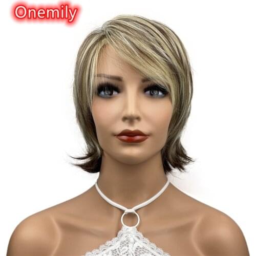 Onemily Short Straight Heat Resistant Synthetic Wigs for Women Girls with Bangs Theme Party Evening Out Dating Blonde Brown