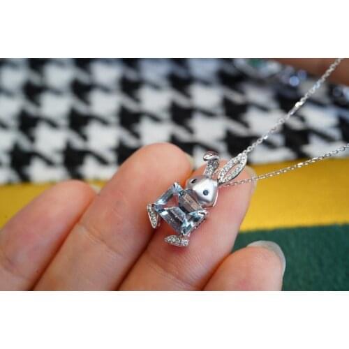 JX713 Solid 18K White Gold Bunny Nature Blue Aquamarine Gemstones Pendants Necklaces for Women Fine Jewelry for Women Gifts
