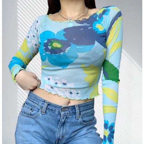 Printed contrast color navel sexy mesh see-through long-sleeved T-shirt