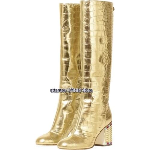 Bright Golden Leather Chunky Cyrstal Heeled Folded Knee High Thick High Heel Boots Women Pleated Long Gladiator Boots Show Shoes