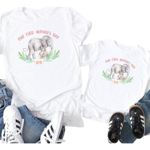 Family Matching Clothes Cartoon Elephant Pattern T-Shirt Woman Loose Short Sleeve Tees Summer Vintage Mom and Daughter T-shirts