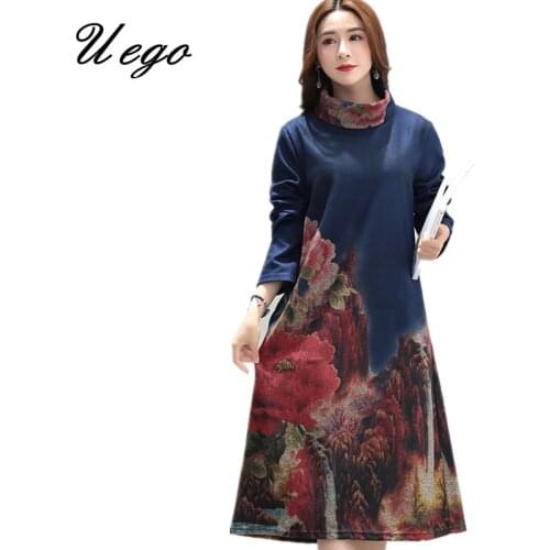Thicken Warn Turtleneck Woolen Autumn Winter Dress Printing Floral Vintage Dress 2021 New Women Casual Spring Dress Vestidos