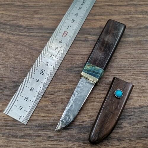 Mini Ebony Japanese samurai sharp Damascus steel Straight knife camping Fixed Blade Jungle Hunting Tactical knife Collection