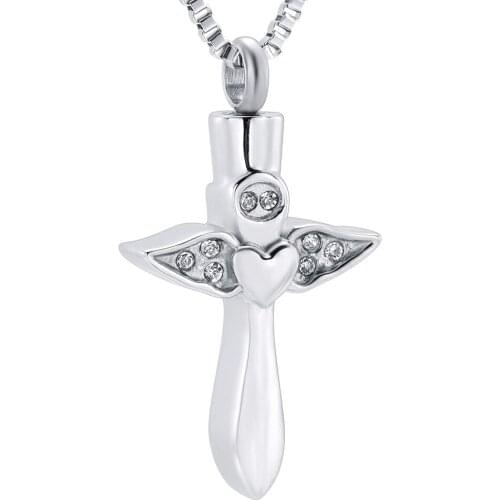 Stainless Steel Cremation Ash Jewelry Cross with Crystal Wing Heart Memorial Keepsake Urn Necklace Religious Jewelry Husband