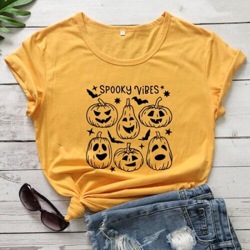 Spooky Vibes 100% Cotton T-shirt Funny Pumpkin Fall Season Holiday Tee Shirt Top Scary Women Halloween Party Tshirt