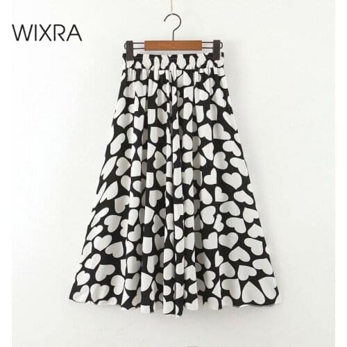 Wixra Womens A Line Skirts Casual Mid-Calf Heart Print High Street Bottoms 2021 Spring Summer New Fashion