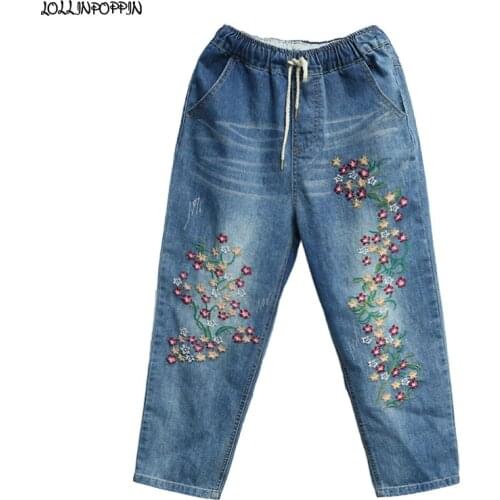 Floral Embroidery Women Light Blue Calf Length Denim Pants 2021 Spring Drawstring Elastic Waist Bleached Ladies Retro Jeans