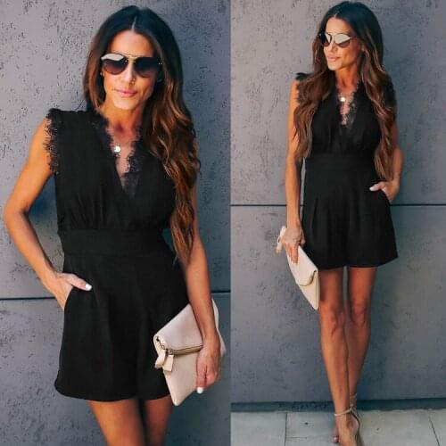 Women Jumpsuits Sleeveless Lace V-neck Casual Playsuits Loose Short Pants Ladies Minimalist Chic Rompers Woman Modern Overalls