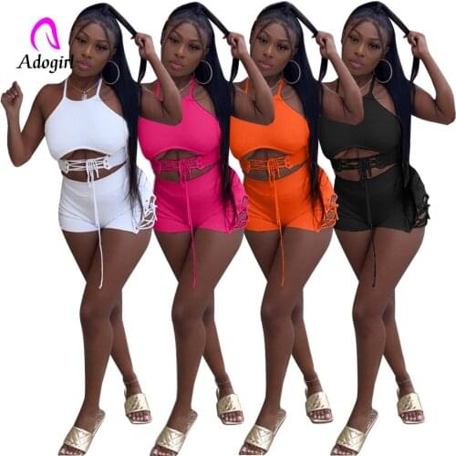 Fitness Women 2 Piece Set Bandage Crop Tank Top + Skinny Biker Shorts Matching Set 2021 Summer Solid Sexy Club Party Activewear