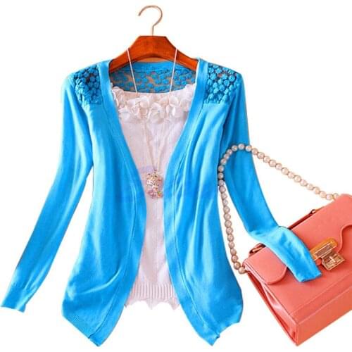 Women Knitted Cardigan Sweater Tops Women Candy Color Knitwear Hollow Lace sweater Long Sleeve Slim Thin Lace Hollow Out jacket