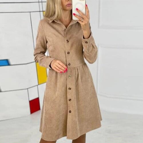 Corduroy Long Sleeve Midi Dress 2021 Autumn Elegant A-Line Women Party Dresses Fashion V Neck Solid Single-Breasted Shirts Dress