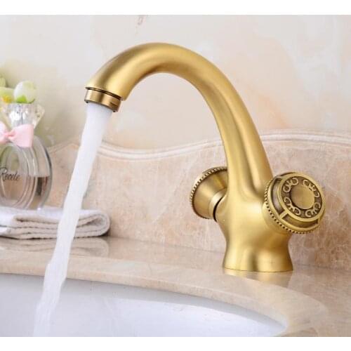 Gold Basin Faucets Antique Brass Bathroom Faucet Basin Carving Tap Dual Handle Hot and Cold Water Mixer Taps Crane
