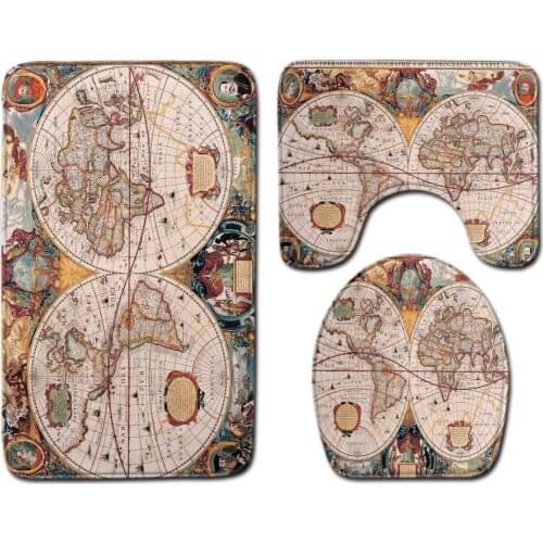 3pcs/set Vintage Map Print Anti-slip Bathroom Floor Mat Set Home Decor Shower Velvet Toilet Cover Bath Door Carpet Mats And Rugs