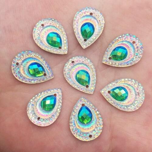 40pcs AB Resin 13*18mm Bling Drop Peacock eye Flatback Rhinestone Ornaments DIY Wedding 2 Hole Appliques Craft SF956*2
