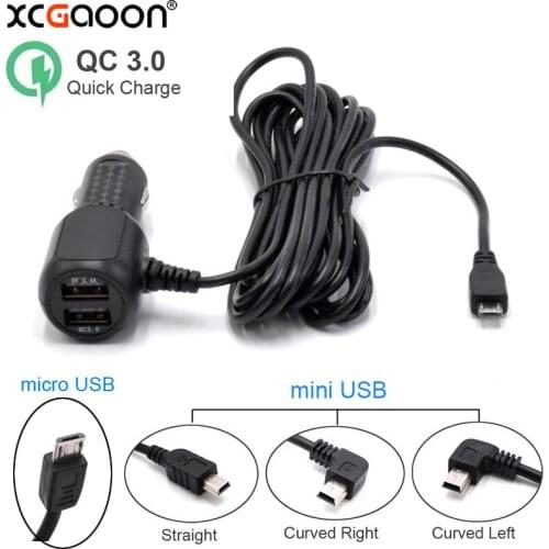 XCGaoon QC3.0 Quickcharge Car Charger Double USB Port With Mini USB 3.5Meter (11ft) Wire for Car DVR Camera GPS Video Recorder