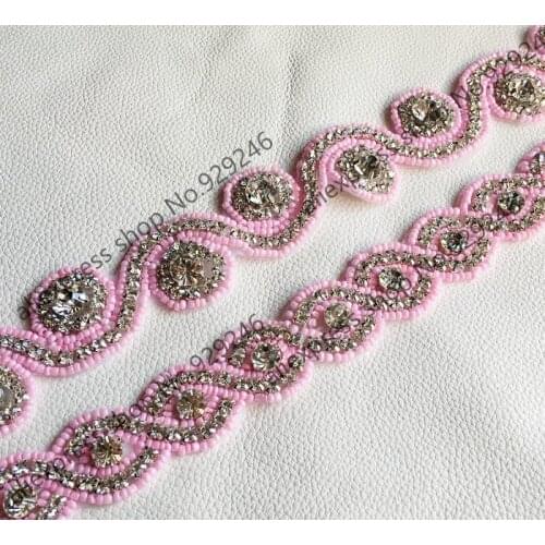 Free shipping 88cm/lot pink beads clear crystal rhinestone chain hotfix 8-shape dress trimmings fashion garment bags accessory