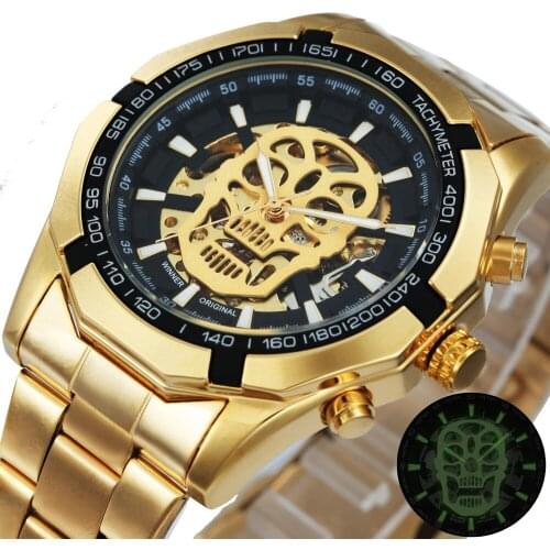 WINNER Official Golden Automatic Watch Men Steel Strap Skeleton Mechanical Skull Watches Top Brand Luxury Dropshipping Wholesale