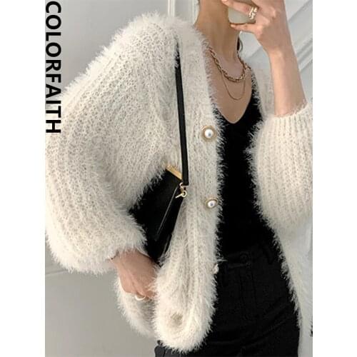 Colorfaith New 2021 Womens Autumn Winter Sweaters Elegant Lady Mohair Cardigans Thicken Fashionable Oversized Knitwear SWC3379