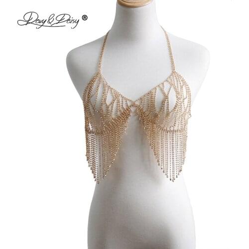 DAVYDAISY Women Sexy Bra Chain Rhinestone Crystal Bling Tassel Bralette Crop Tops Intimates Sexy Lingerie Body Chain BR046