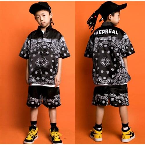 Children Hip Hop Street Dance Clothes Fashion Print Boys Girls Black Short Sleeved Tops kids Catwalk Costumes Stage Wear VDB2239
