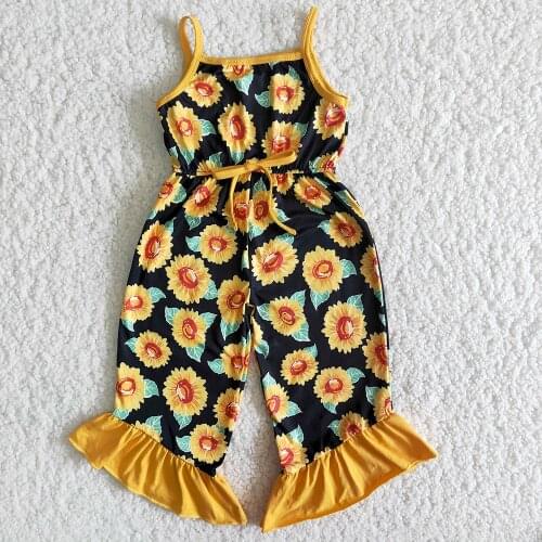 High Quality Sleeveless Baby Grils Rompers Sunflowers Print And Ruffle Design Kids Jumpsuit With Bow Tie