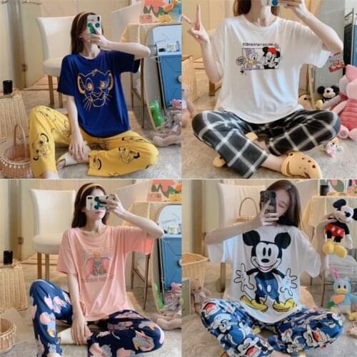 Disney Girl Mickey Cartoon Milk Silk INS Wind Pajamas Women Summer Short Sleeved Trousers Loose Sweet Cartoon Home Service Suit