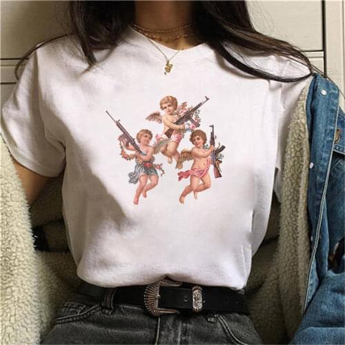 Summer T-shirts Women O Neck Cute Angel Boys Print Ladies Fashion Clothes Graphic Tshirt Top Lady Print Female Tee T-Shirt