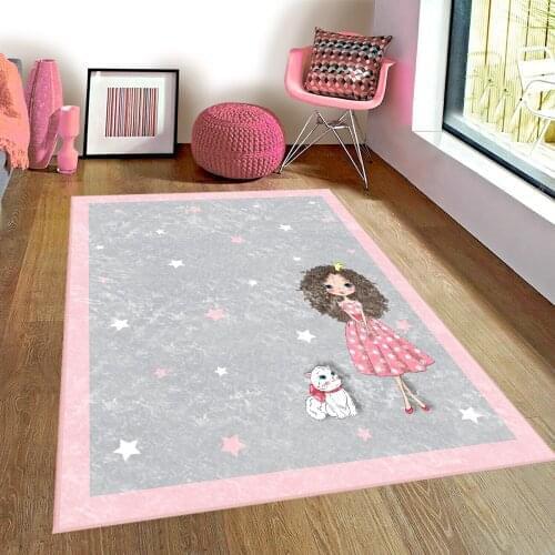 Gri Çocuk Odası Halısı taç prenses kedi yıldız hayvan pembe gri halı