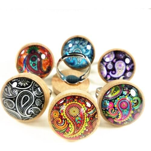 Jiangzimei 24pcs logs dark caffeine Wood cabochons with cashew bandala flowers Glass cabochons finger Rings Rehabilitation