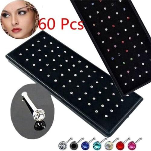 60 pieces/pack Stainless Steel Crystal Nose Ring Set Women Girl Surgical Steel Nose Piercing Crystal Nose Stud Lot Body Jewelry
