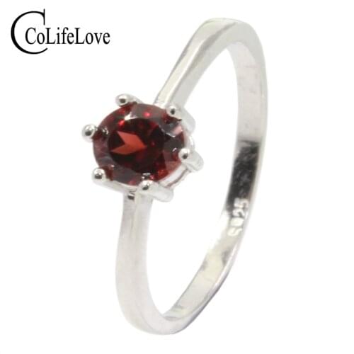 Flawless wine red garnet silver ring for party 5 mm 0.5 ct natural garnet ring 925 silver garnet jewelry birthday gift for girl
