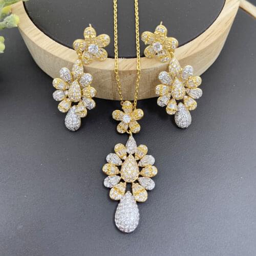 Lanyika Fashion Jewelry Set Elegant Artistic Flower Micro Pave Necklace with Earrings for Women Wedding Banquet Party Best Gifts