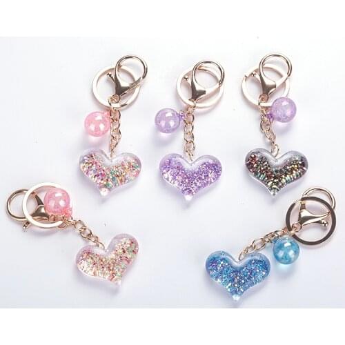 Fashion Sequins Heart Keychain for Women Pendant Transparent Quicksand Sequin Key Chain PU Rope Lover Car Keychain Gift