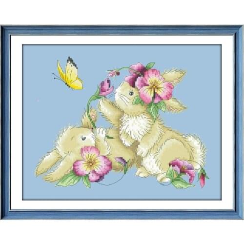 Playful bunny cross stitch kit 18ct 14ct 11ct sky blue canvas cotton thread counted needlework thread embroidery set