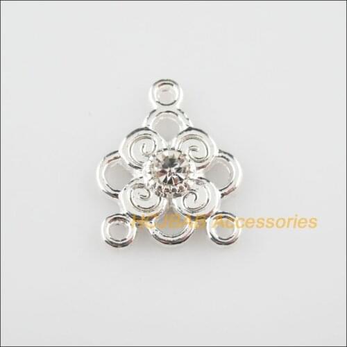 New 15Pcs Silver Plated Flower Clear Crystal Charms Pendants Connectors 17x20.5mm