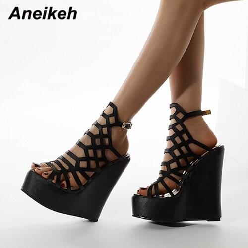 Aneikeh 2021 New PU Summer Elegant Hollow Women Sandals Platform Heigh Wedges Fashion Buckle Strap Head Peep Toe Party Casual