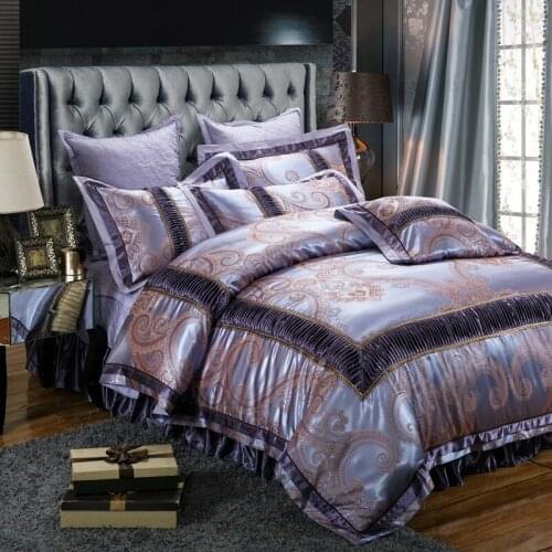 Luxury European Style Satin Jacquard Pure Cotton Wedding Bedding Set Bed Skirt Duvet Cover Pillowcase King Queen Full 4 PCS