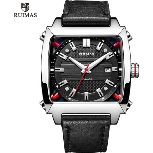 RUIMAS Geuine Leather Stylish Square Watches Men Luxury Casual Aotumatic Wristwatch Relogios Top Army Mechanical Watch 6763G