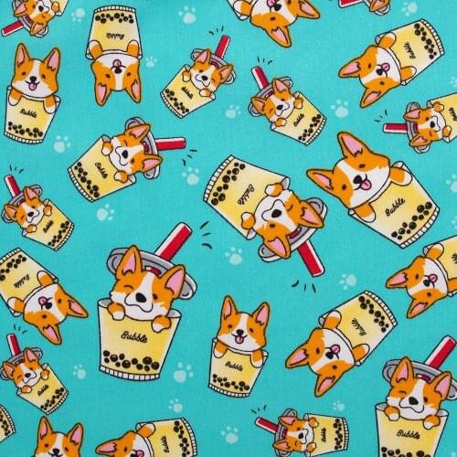 1 yard Cotton Twill Fabric for sewing pathwork, dress, cloth, bedding - Cartoon Dog in Cup on Blue Green background(width=160cm)