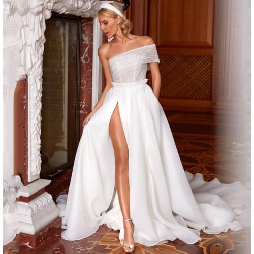 Eightree Sexy White Organza Wedding Dress One Shoulder A-Line Boho Backless Side Slit Dress Glitter Evening Prom Gown Customsize