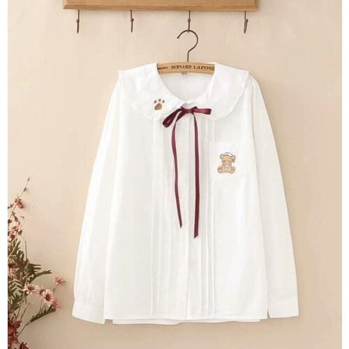 Autumn Lovely Cartoon Cat Claw Bear Embroidery Ribbons Shirt Women Loose White Long Sleeve Mori Girl Female Blouses Tops U276