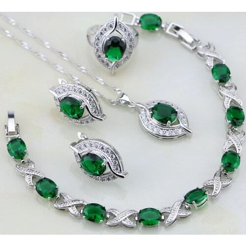 Eye Shaped Green Created Emerald White Crystal 925 Silver Jewelry Sets For Women Wedding Earring/Pendant/Necklace/Bracelet/Ring