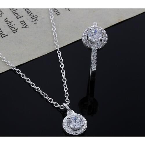 Wedding lady Lover gifts silver color jewelry fashion noble women classic shiny crystal CZ necklace ring jewelry set